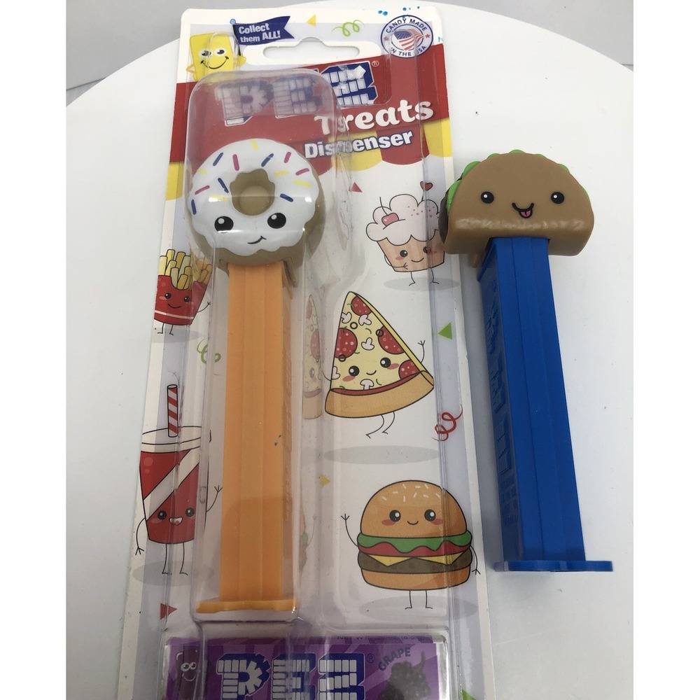 PEZ Treats Collectable 2 pack Candy and Dispensers Donut and‎ Taco Emoji Style